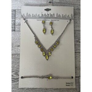 Nicole Miller Necklace Dangle Earrings Bracelet Set Yellow Stone Silver Tone